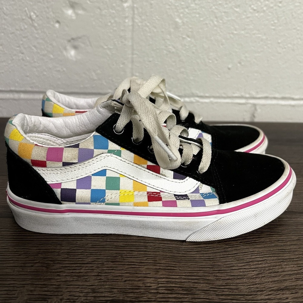 VANS Missy Rainbow Checkerboard Old Skool Lace Up Skate Girls Size 2.5